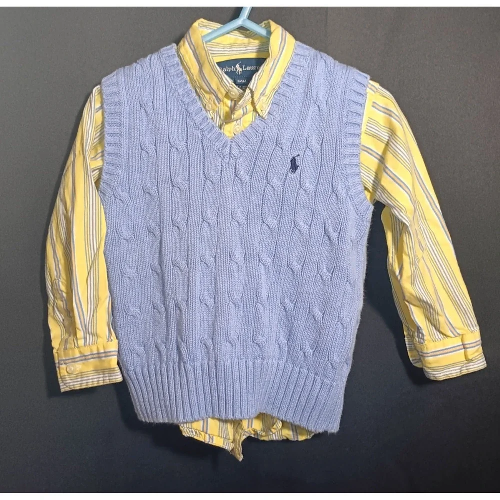 Polo Ralph Lauren Blue Sweater Vest Yellow Button Up Preppy Baby Size 24M 2pc